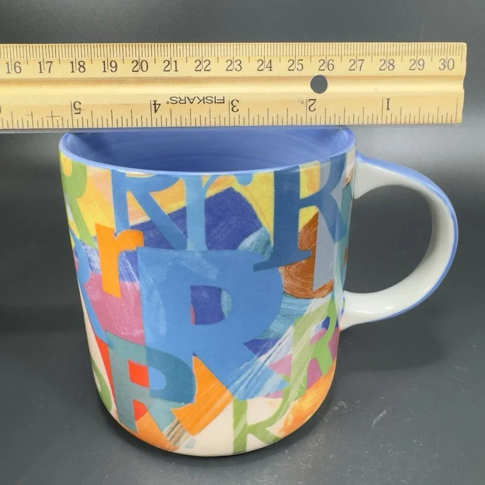 Anthropologie Monogram R Multiple Rs Colorful Ceramic Mug Cup Blue Inside‎ Mug